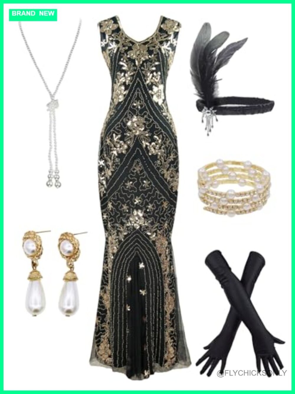 Women 1920s Sequin Flapper Mermaid Formal Gown with Gatsby Accessories Set